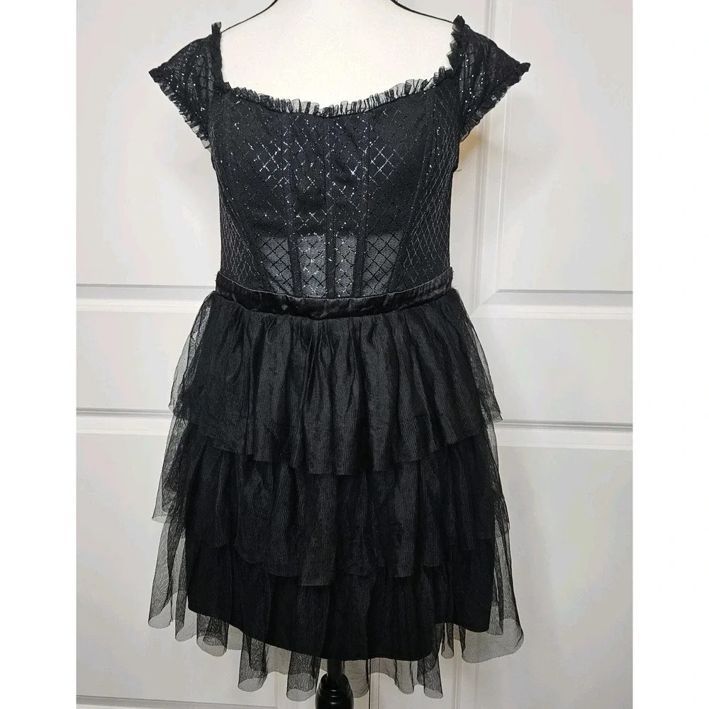 City Studio Fit &Flare Mini Dress Black Size 13 Corset Tiered Ruffle Skirt Fairy